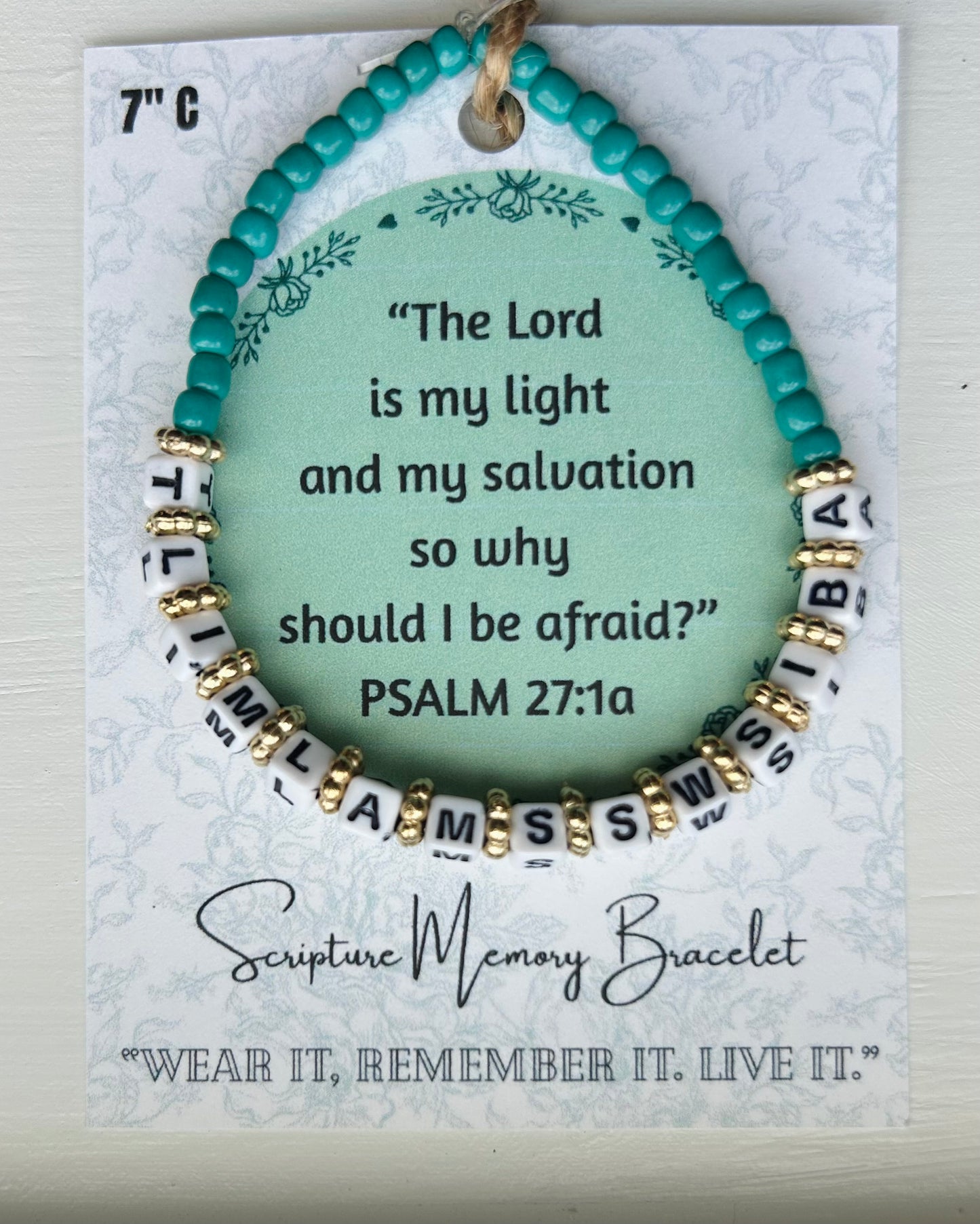 PSALM 27:1a Scripture Memory Bracelet| Teal w/White bead Black lettering.