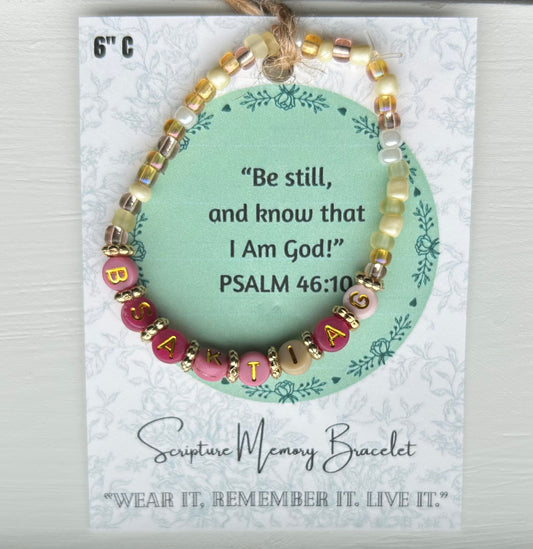 PSALM 46:10 Scripture Memory Bracelet| Cream w/Gold round letter beads.