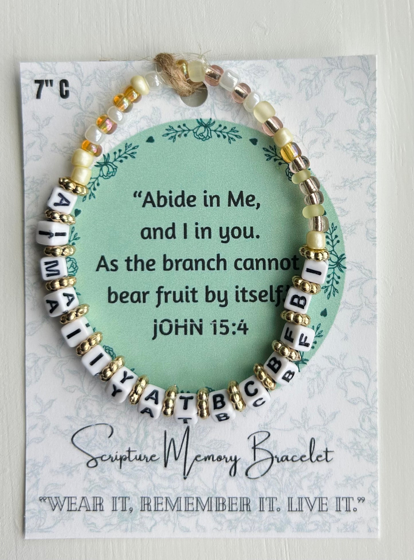 JOHN 15:4 Scripture Memory Bracelet | Cream Beads, White beads with Black lettering.