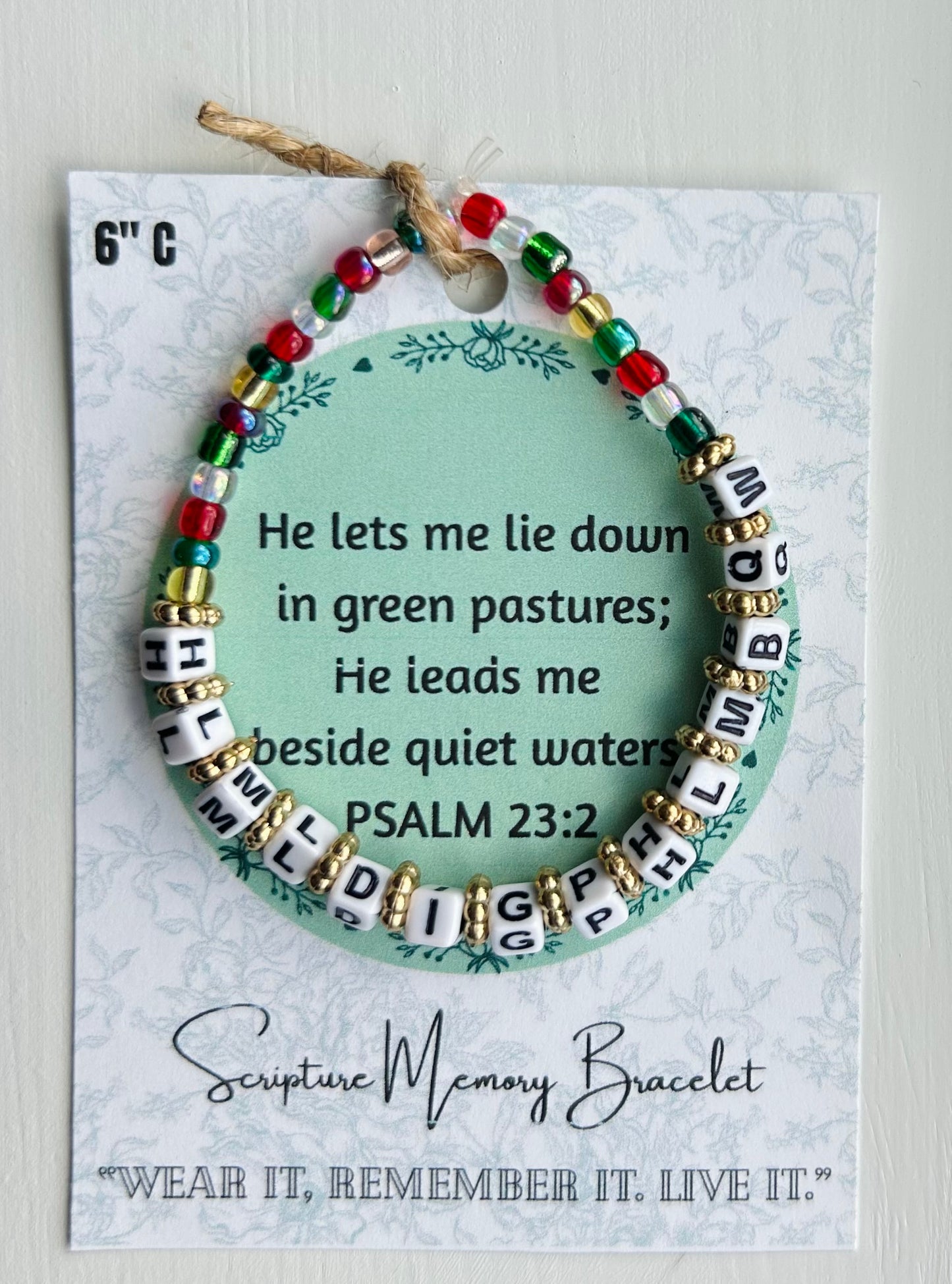 PSALM 23:2 Scripture Memory Bracelet| Colorful Beads w/White bead Black lettering.