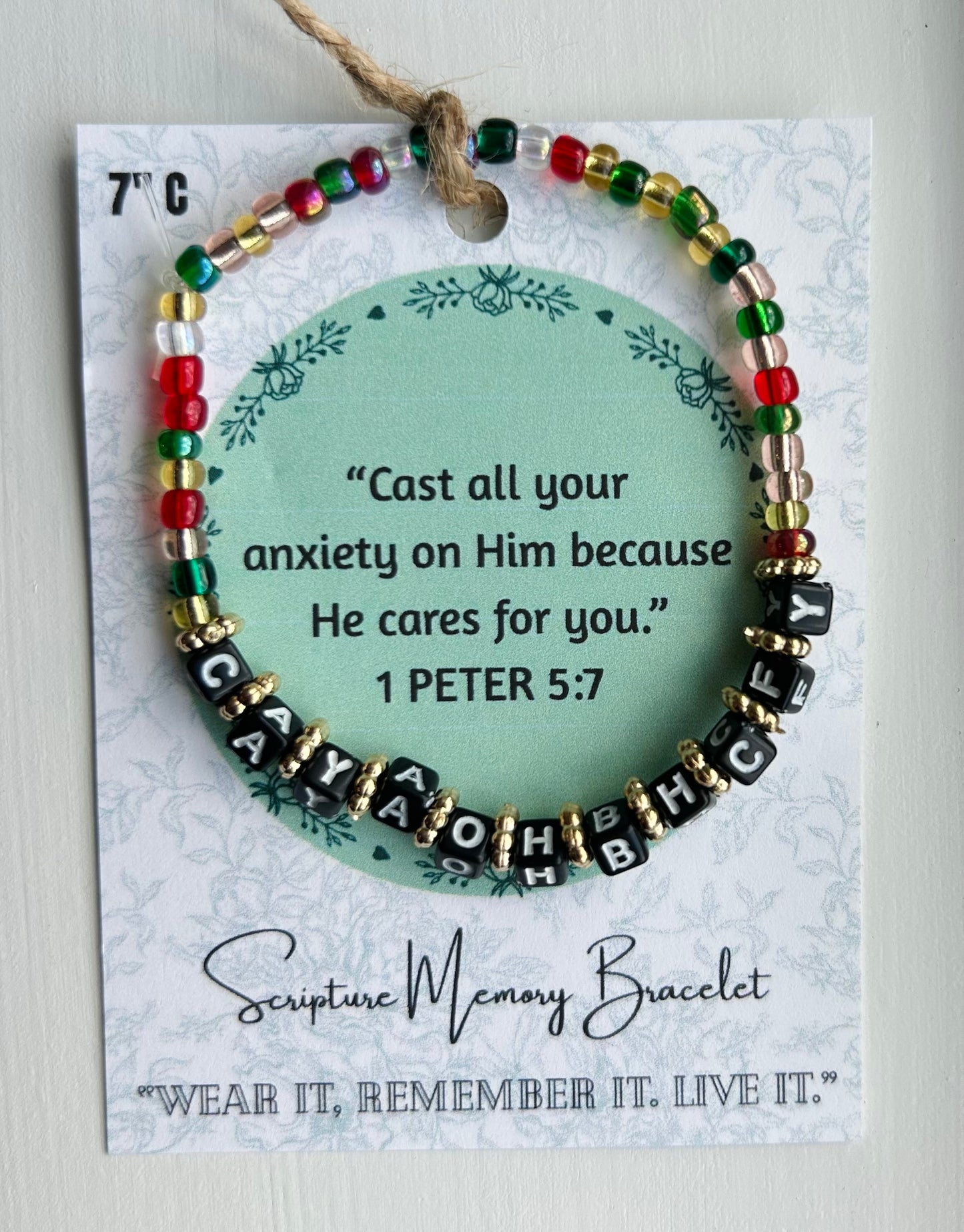 1 PETER 5:7 Scripture Memory Bracelet | Colorful Beads, Black beads with white lettering.