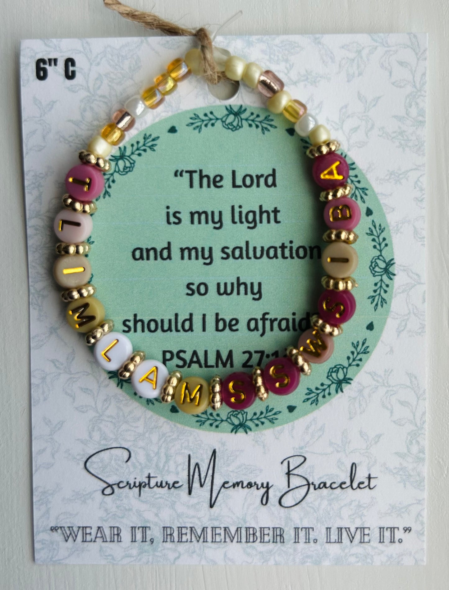 PSALM 27:1a Scripture Memory Bracelet| Cream w/Gold round letter beads.