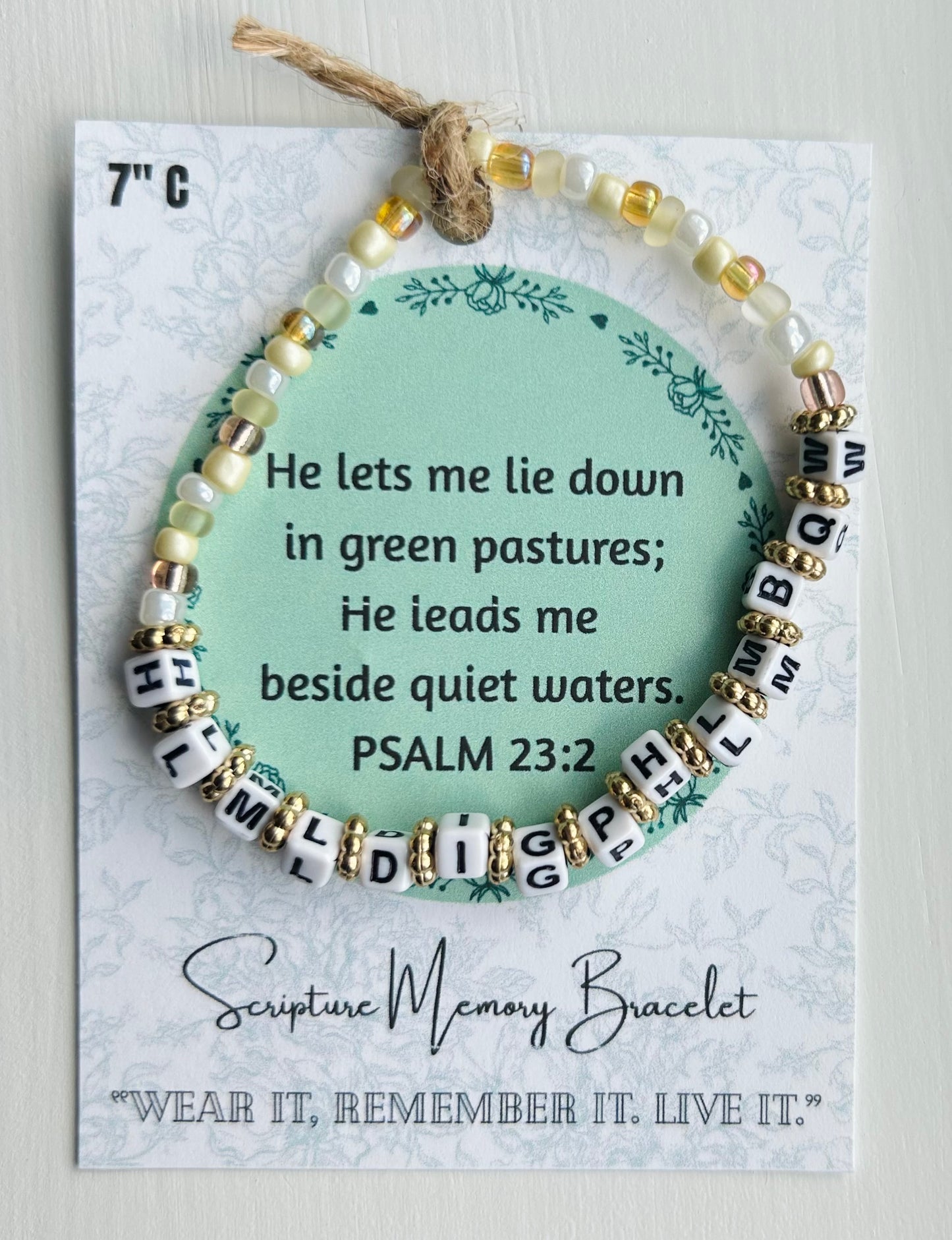 PSALM 23:2 Scripture Memory Bracelet| Cream w/White bead Black lettering.