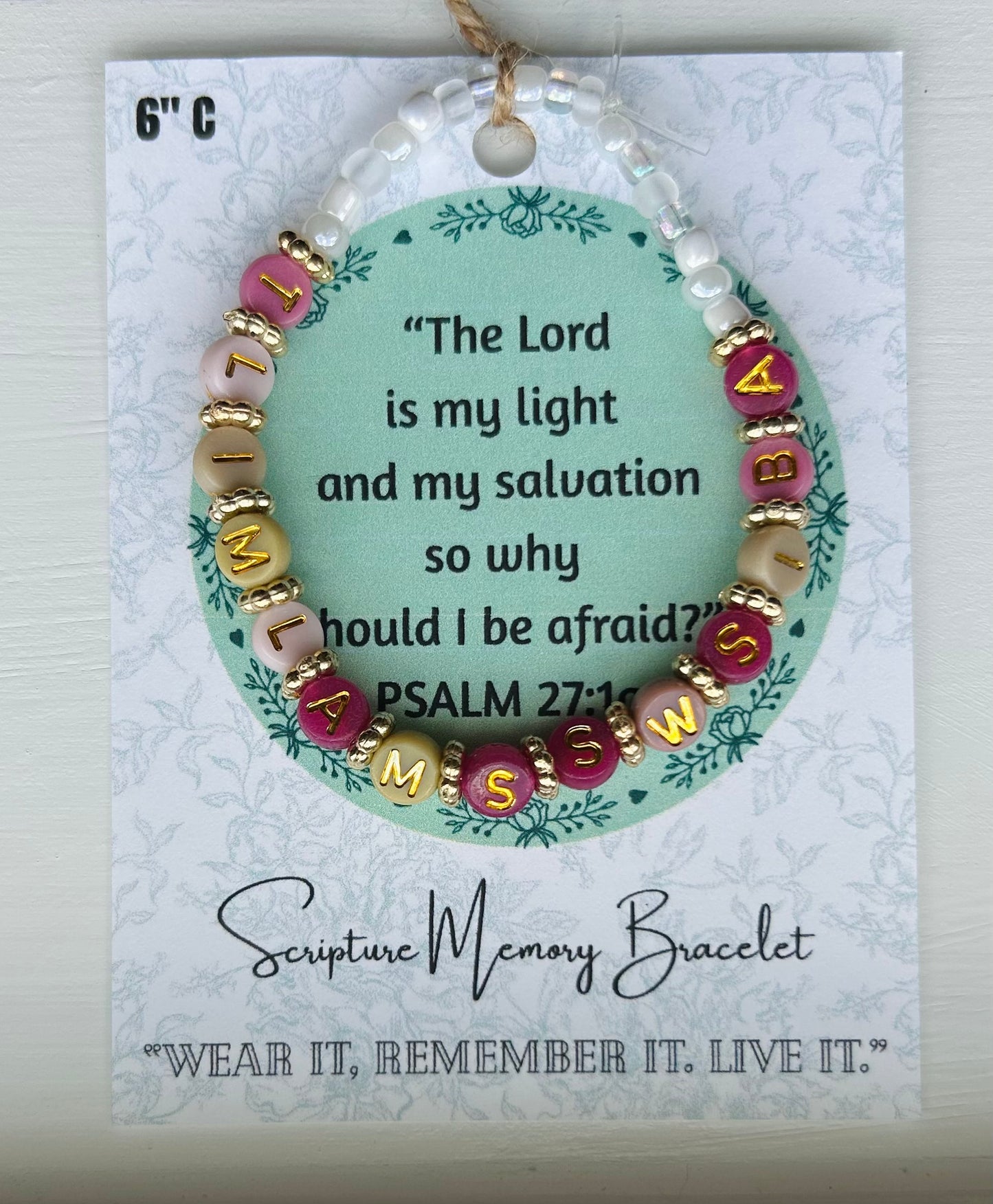 PSALM 27:1a Scripture Memory Bracelet|White w/Gold round letter beads.