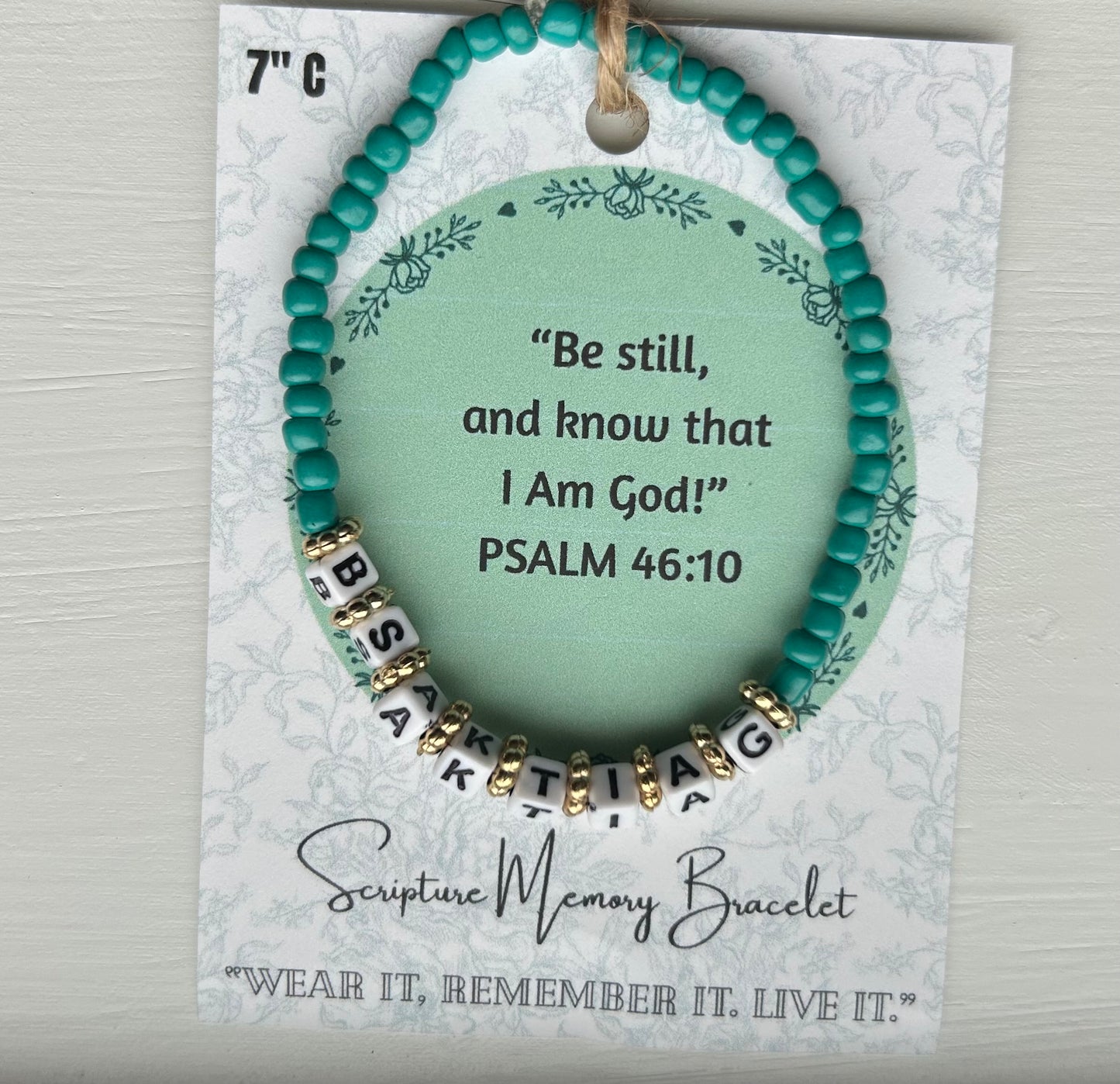 PSALM 46:10 Scripture Memory Bracelet| Teal w/White bead Black lettering.
