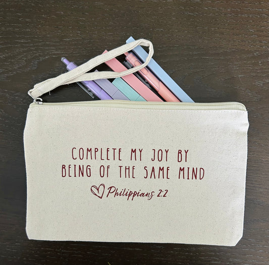 Complete My Joy Canvas Pouch| Philippians 2:2 Christian Zipper Pouch