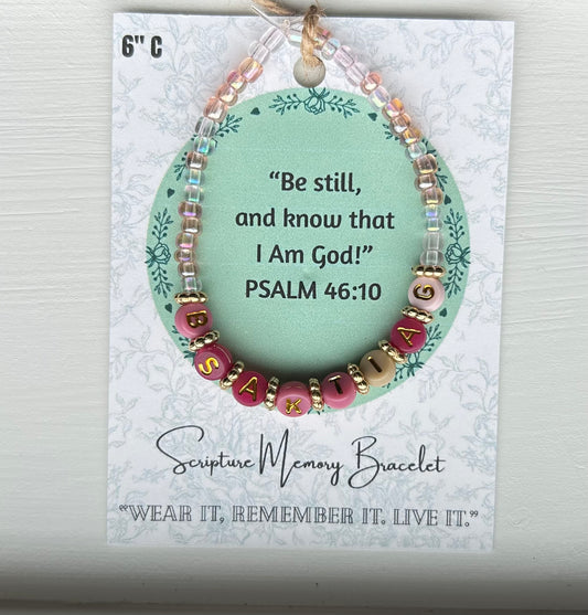 PSALM 46:10 Scripture Memory Bracelet|Pink w/Gold round letter beads.