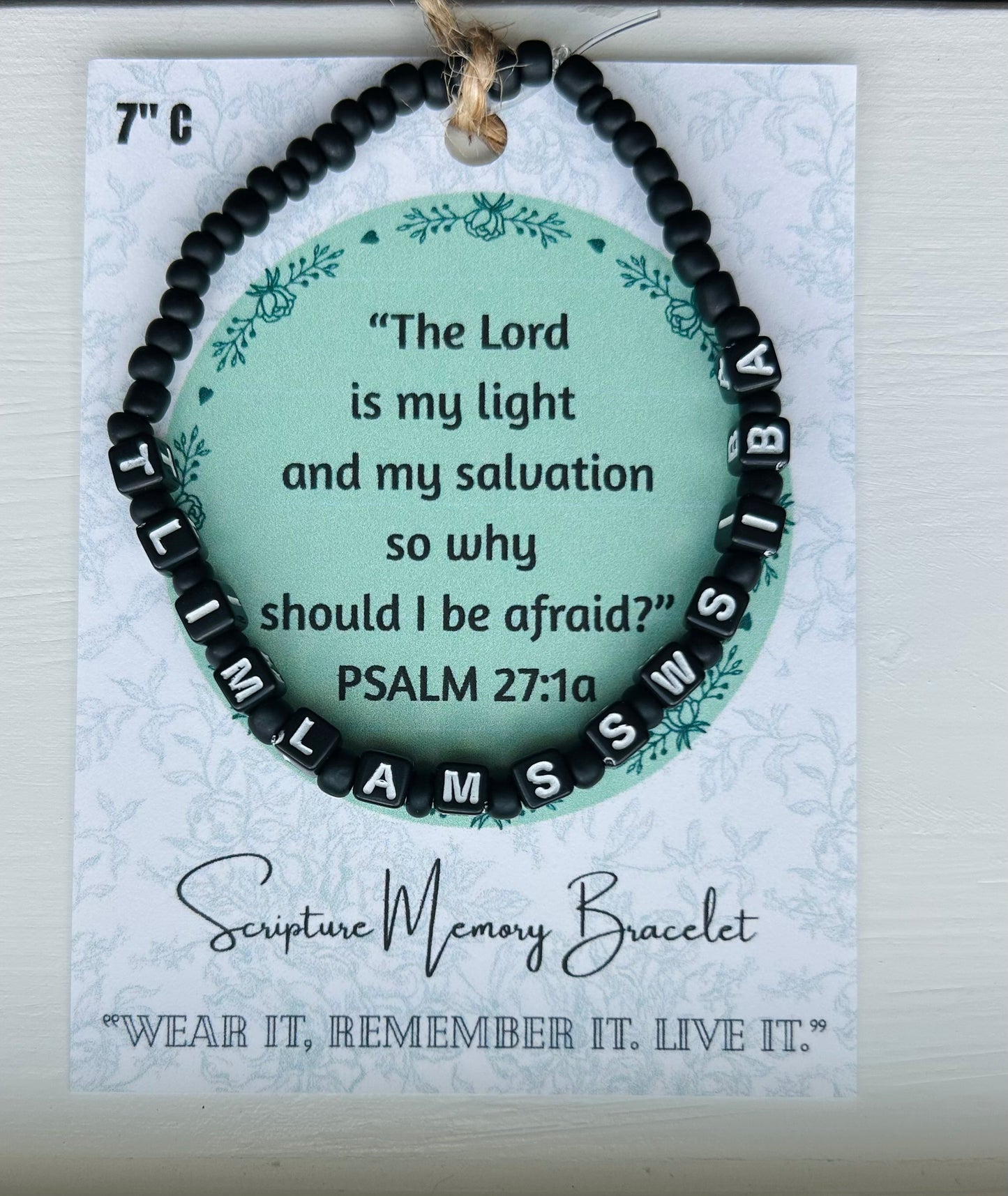 PSALM 27:1a Scripture Memory Bracelet | Black w/black beads white lettering