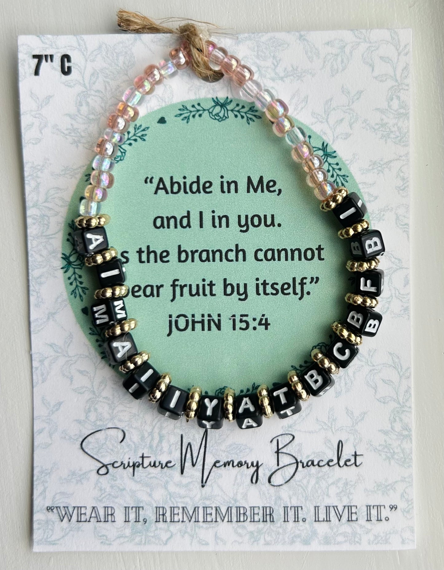 JOHN 15:4 Scripture Memory Bracelet | Pink Beads, Black beads with white lettering.