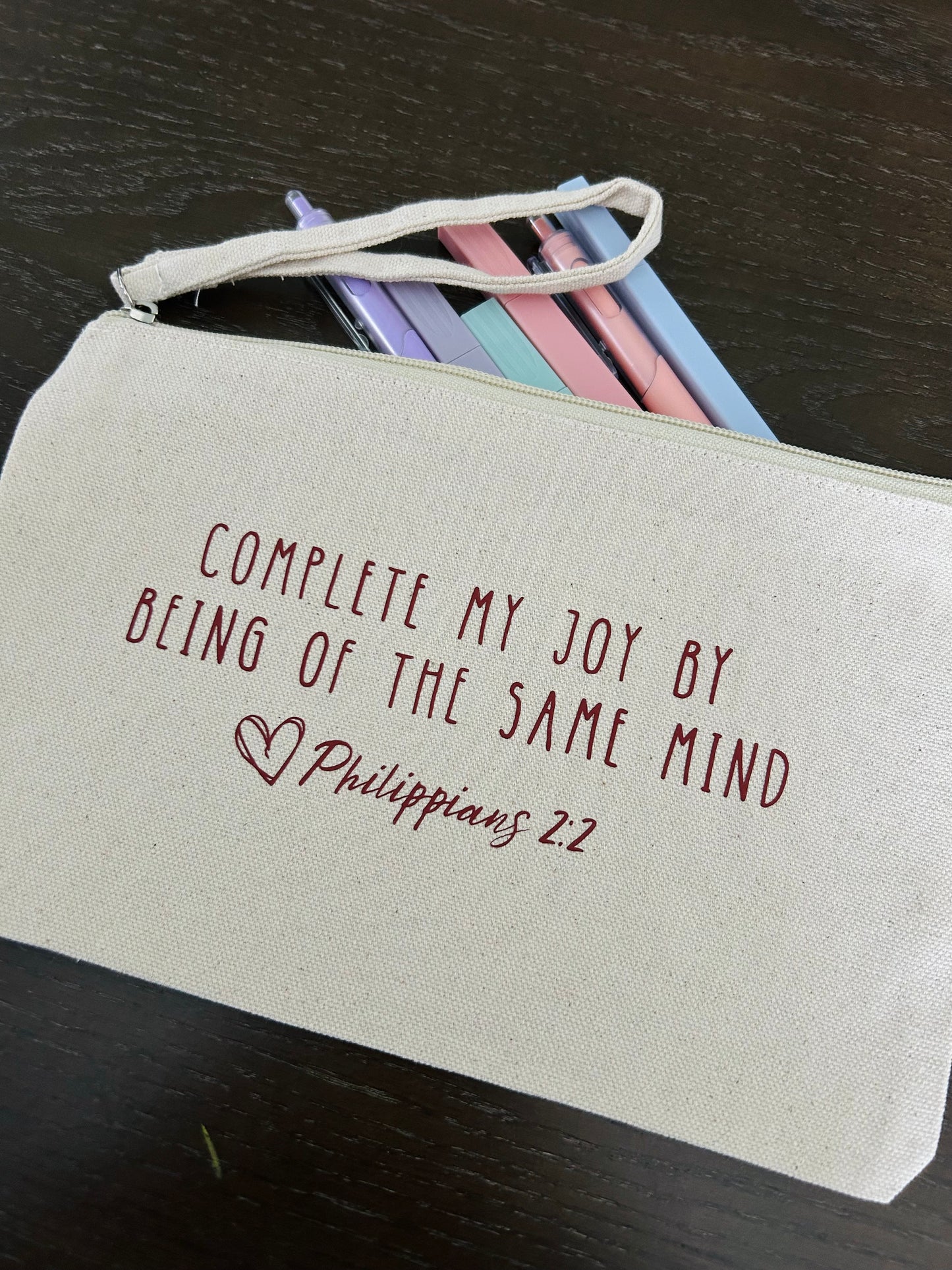 Complete My Joy Canvas Pouch| Philippians 2:2 Christian Zipper Pouch