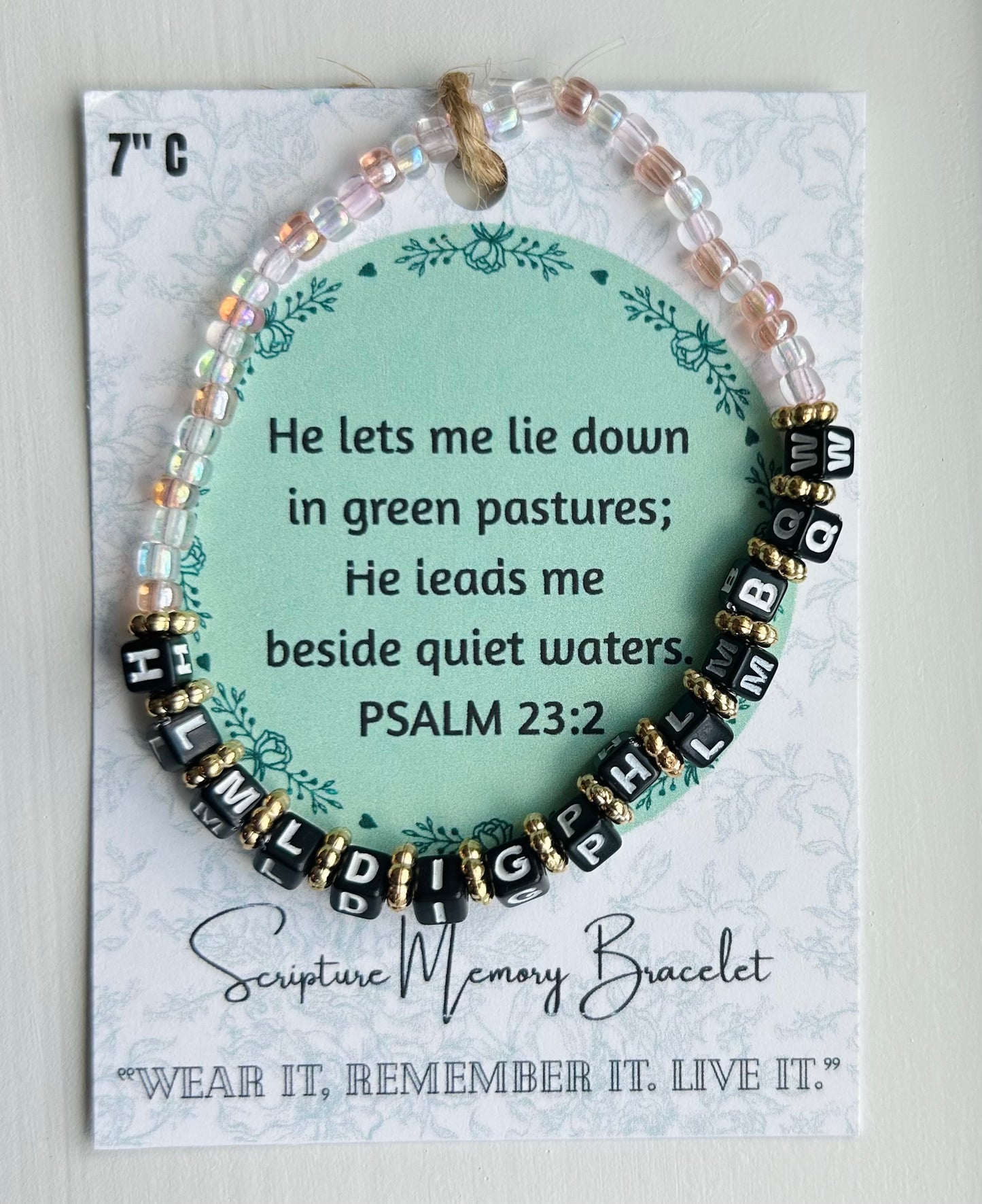 PSALM 23:2 Scripture Memory Bracelet | Pink w/black beads white lettering