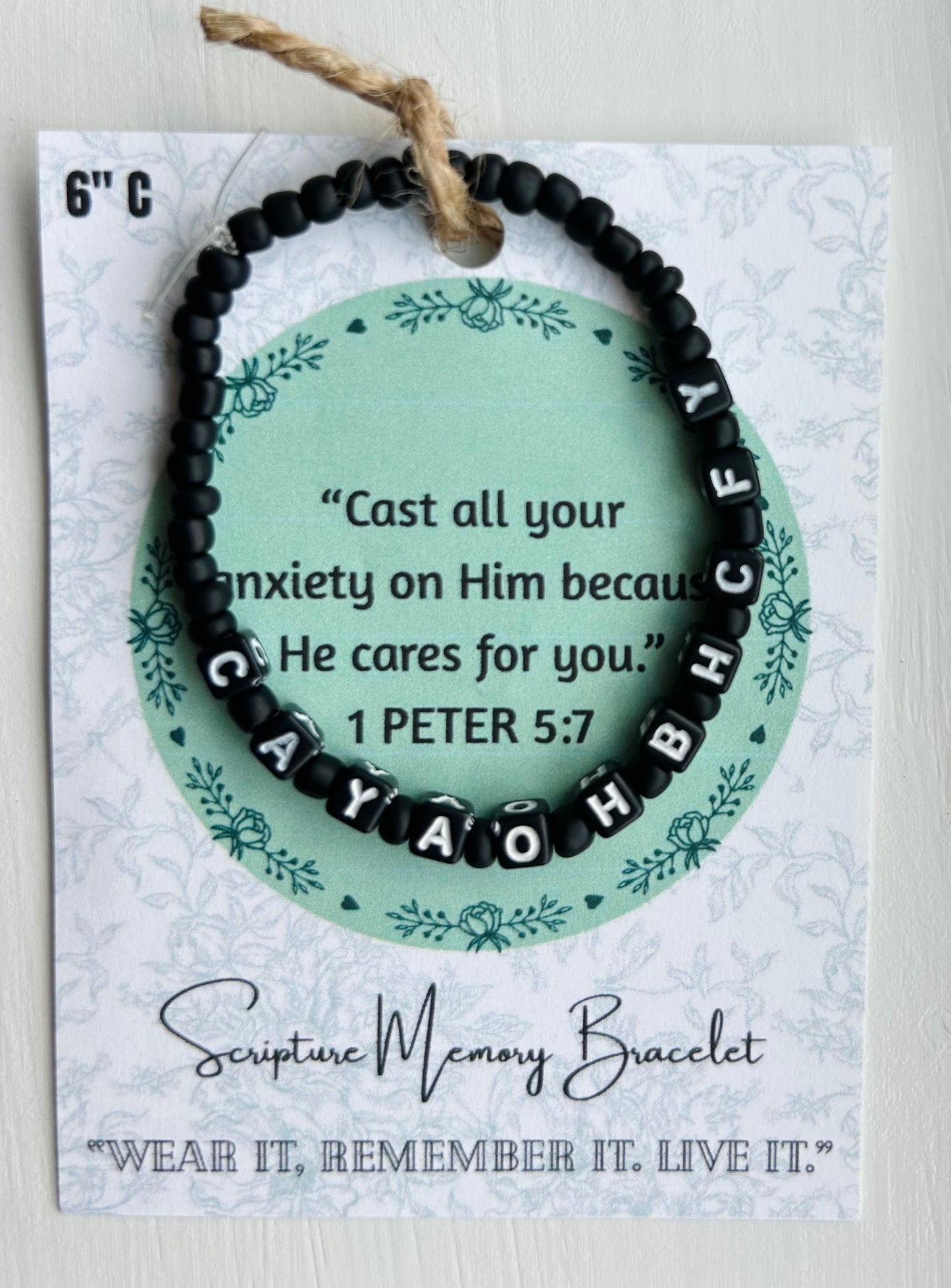 1 PETER 5:7 Scripture Memory Bracelet | Black w/ Black beads with white lettering.