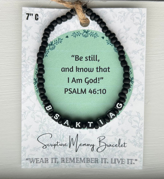 PSALM 46:10 Scripture Memory Bracelet | Black w/black beads white lettering