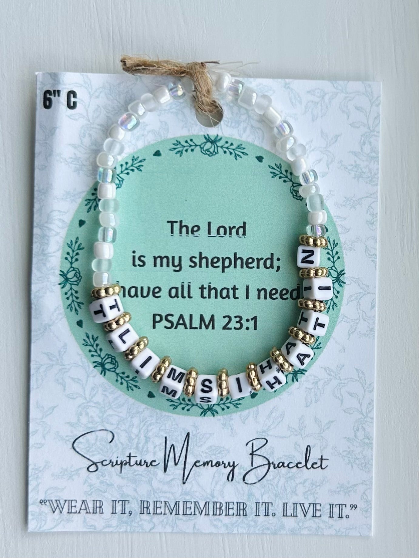 PSALM 23:1 Scripture Memory Bracelet| White  w/White bead Black lettering.