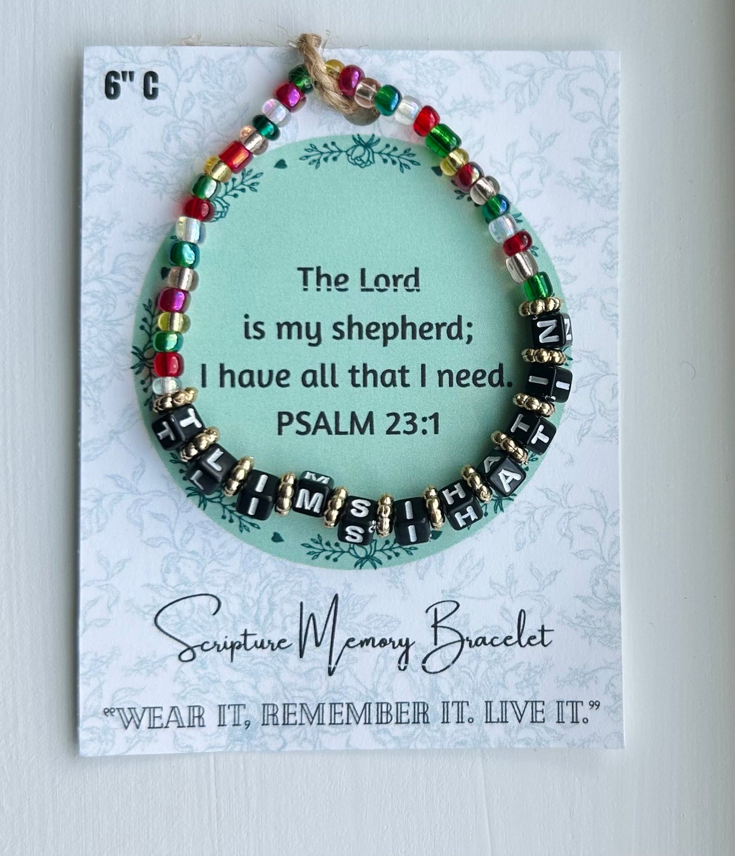 PSALM 23:1 Scripture Memory Bracelet | Colorful Beads, black beads with white lettering.