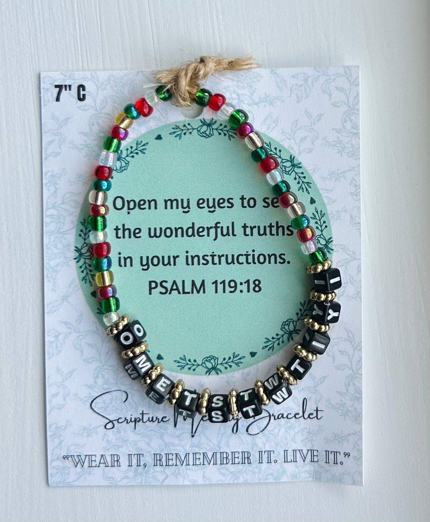 PSALM 119:18 Scripture Memory Bracelet | Colorful Beads, black beads with white lettering.